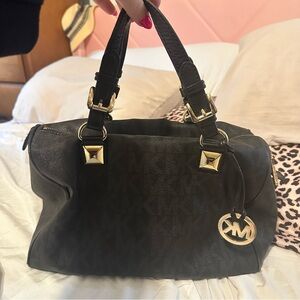 Michael Kors Black Logo-Print Satchel with Gold Hardware